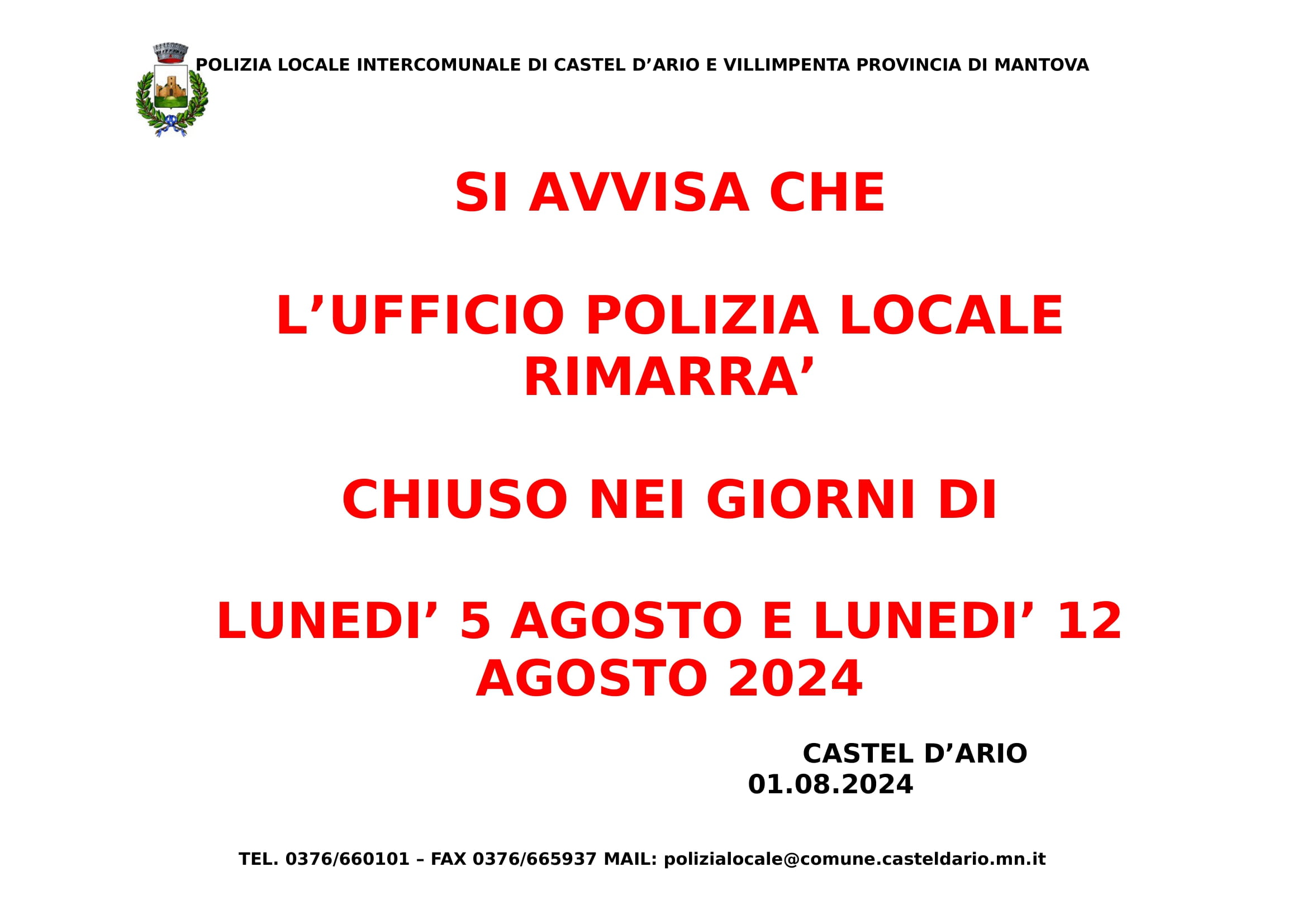 Chiusura ufficio Polizia Locale: 5 - 12 agosto 2024