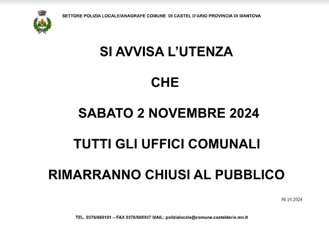 Chiusura uffici comunali - 2 novembre 2024